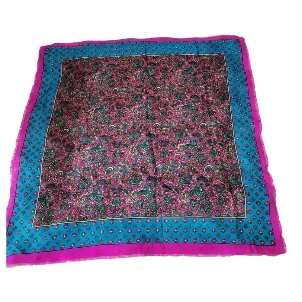 NEW Vintage 70's Glentex Paisley Raw Hem Scarf in Fuschia Pink and Blue 31x31